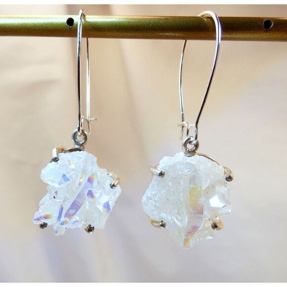 Angel Aura Quartz Crystal Sterling Silver Earrings Genuine Healing Jewelry - Picture 1 of 6